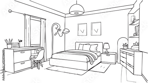 Children's room graphic. Black white interior sketch illustration vector