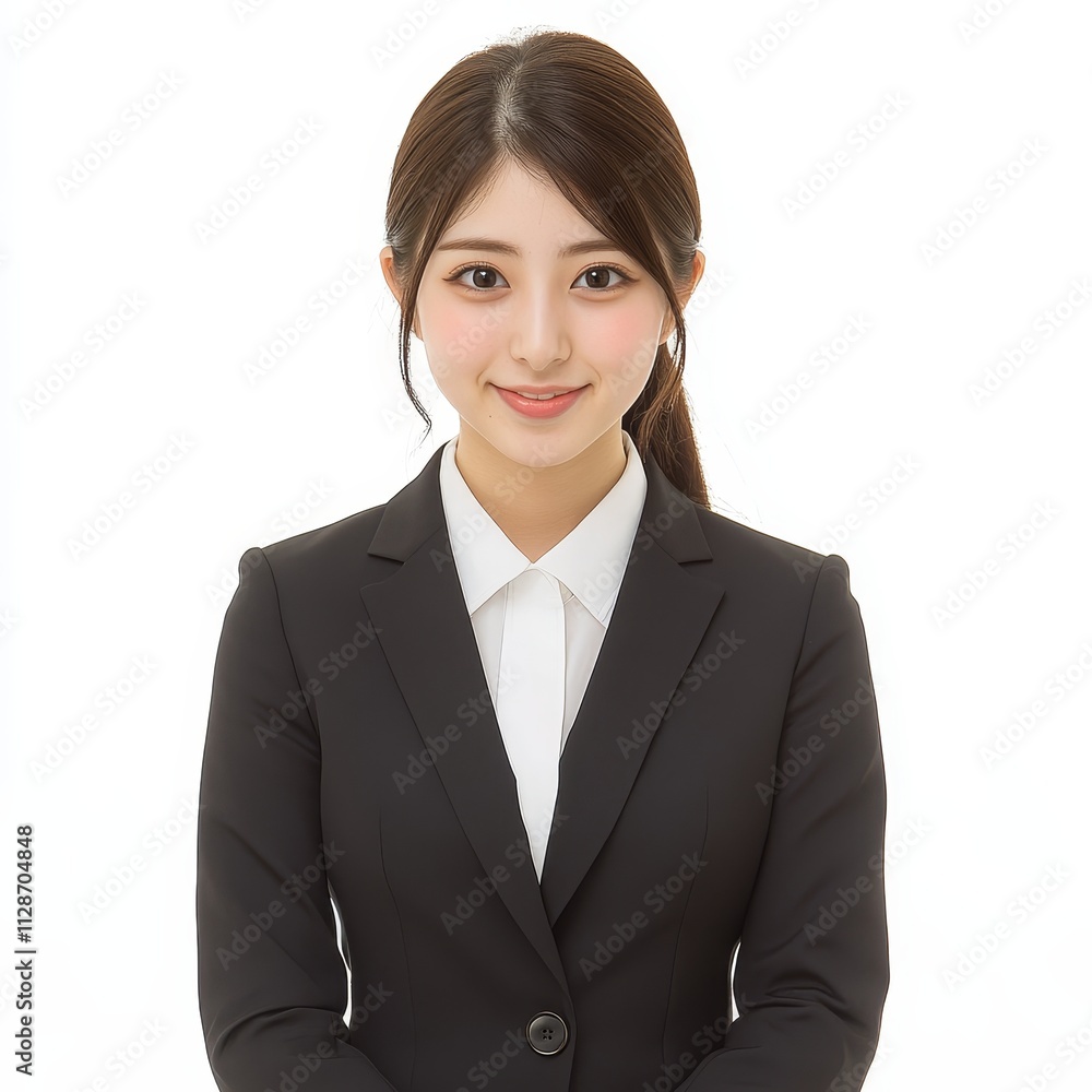 Smiling Asian Japanese women in suits, isolated on white background, highlighting professionalism, corporate culture, and business attire. Smiling Asian Japanese women in suits, isolated on white background, highlighting professionalism, corporate culture, and business attire.