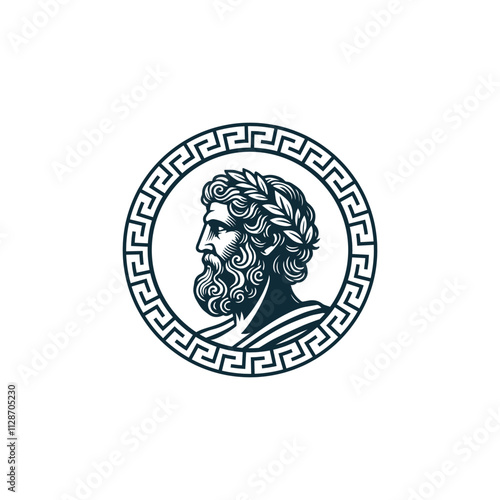 Old Man With Beard Greek AncientPhilosopher Figure Face Head Statue Sculpture With Greek Border Logo design