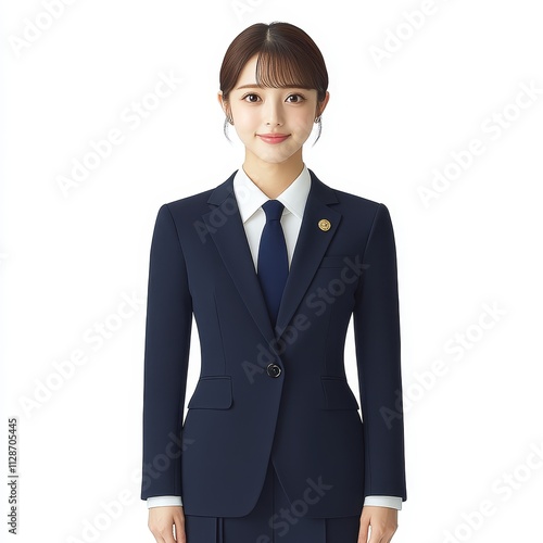 Smiling Asian Japanese women in suits, isolated on white background, highlighting professionalism, corporate culture, and business attire.