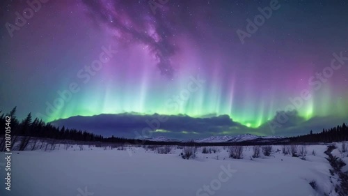 aurora borealis green & violet dance on the night sky under white winter empty wonderland; astonishing skyscape with nothern lights  colours