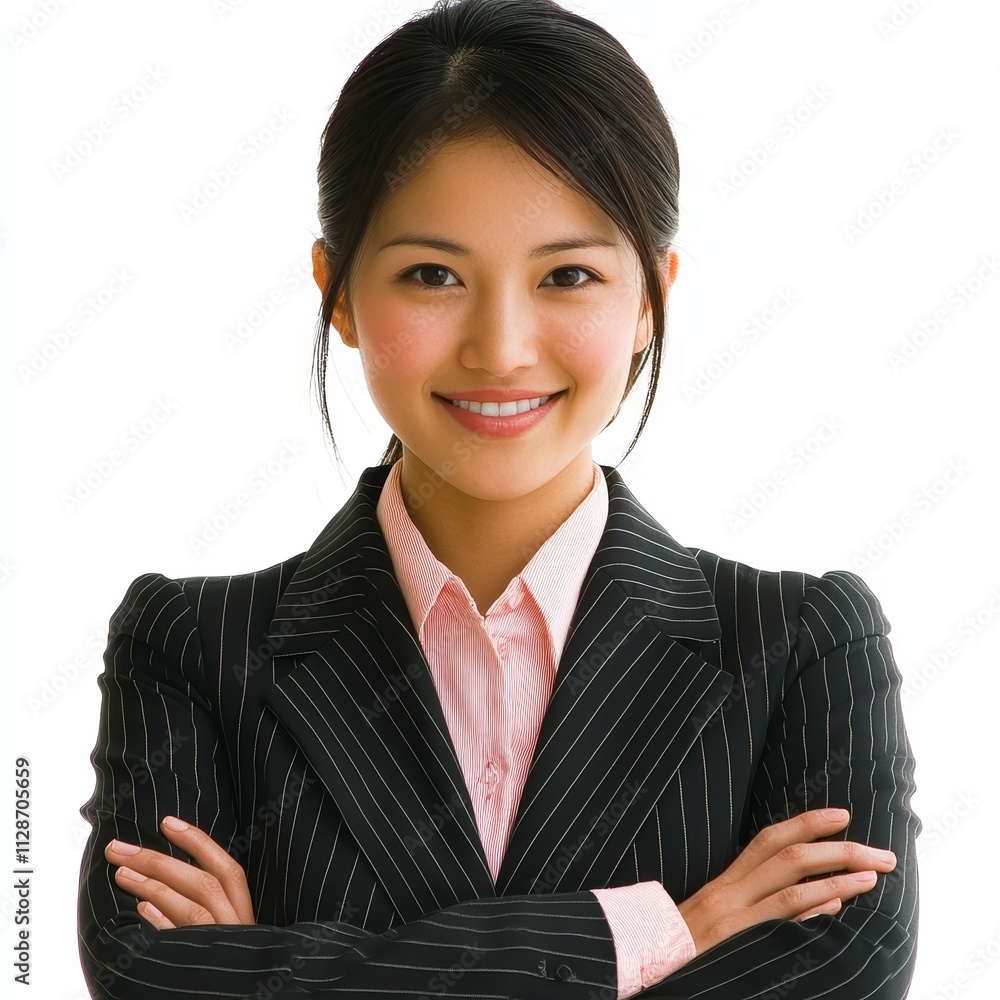 Smiling Asian Japanese women in suits, isolated on white background, highlighting professionalism, corporate culture, and business attire. Smiling Asian Japanese women in suits, isolated on white background, highlighting professionalism, corporate culture, and business attire.