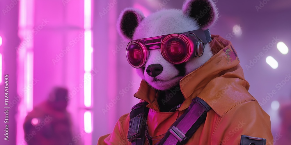 A panda wearing goggles and a yellow jacket stands in front of a pink background. The panda is wearing a yellow jacket and goggles, and it is in a futuristic setting A panda wearing goggles and a yellow jacket stands in front of a pink background. The panda is wearing a yellow jacket and goggles, and it is in a futuristic setting