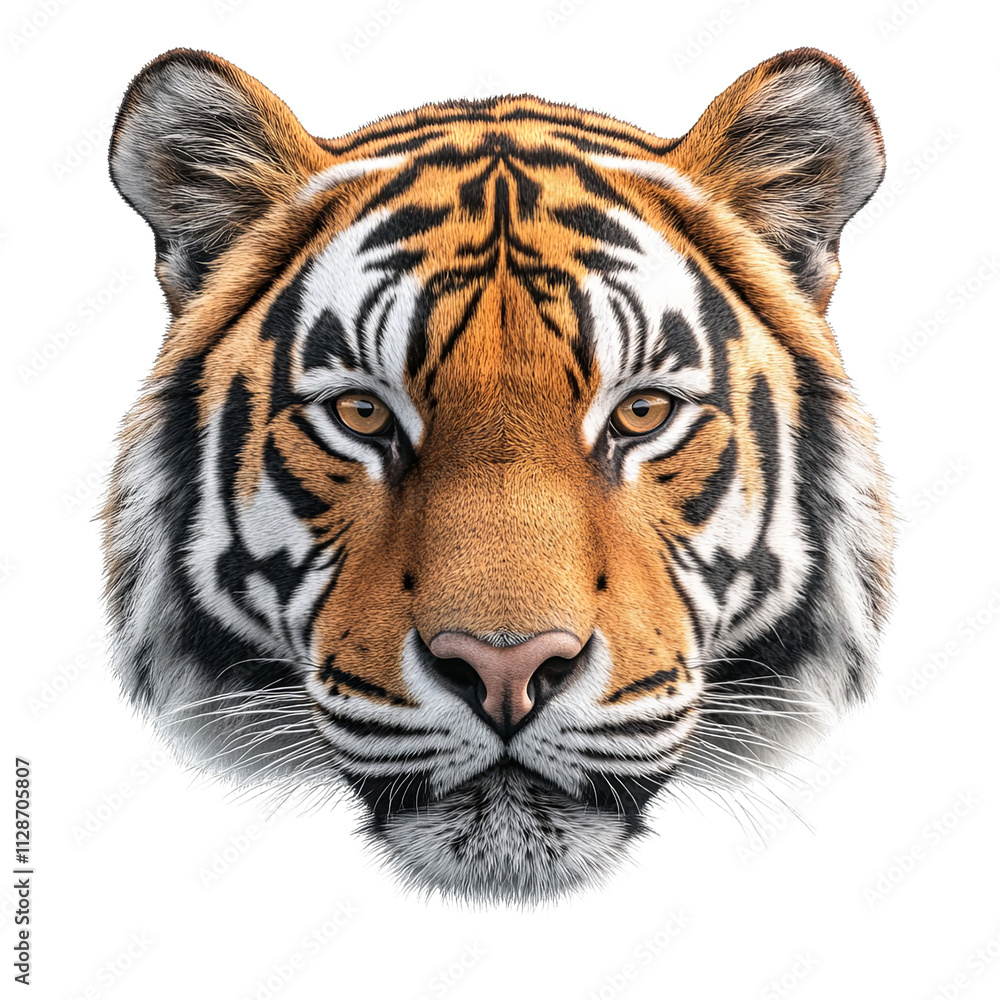 Obraz premium Tiger Face Close Up Portrait Big Cat Wildlife Predator Endangered Species Majestic Animal Orange Black Stripes White Background Intense Stare Powerful Feline Nature Conservation Zoology Mammal