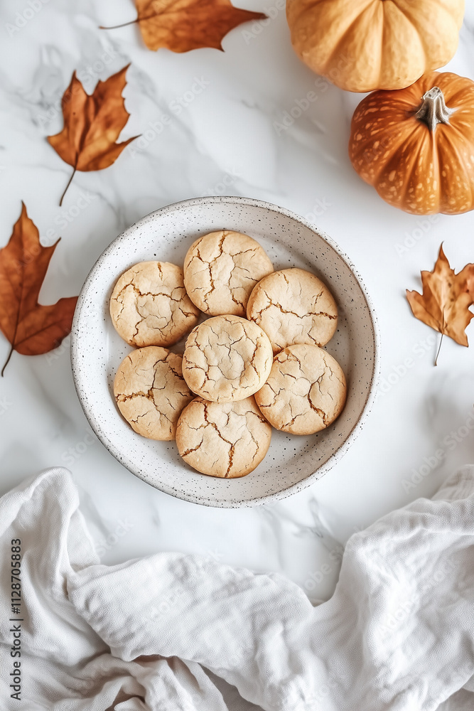 Fototapeta premium Spiced Pumpkin Cookies on Ceramic Plate with Boho Chic Fall Decor