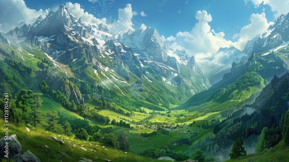 A scenic hike in the Swiss Alps, with towering peaks, lush valleys, and picturesque villages, capturing the majesty of the mountains A scenic hike in the Swiss Alps, with towering peaks, lush valleys, and picturesque villages, capturing the majesty of the mountains
