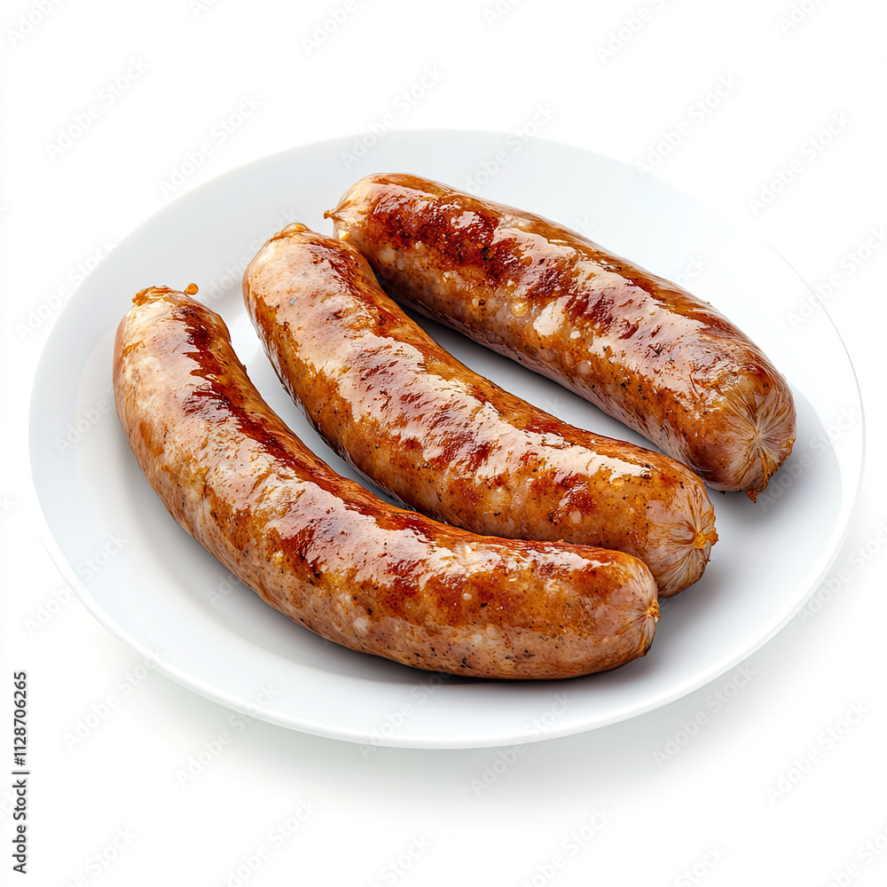 A plate of three delicious, perfectly grilled sausages A plate of three delicious, perfectly grilled sausages