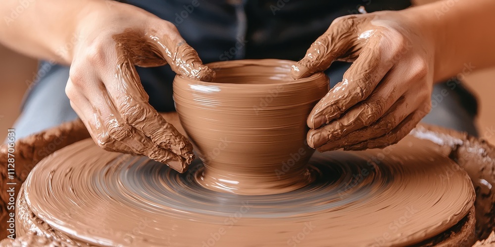 Creating pottery on a wheel, showcasing hands shaping wet clay into a bowl. Creating pottery on a wheel, showcasing hands shaping wet clay into a bowl.