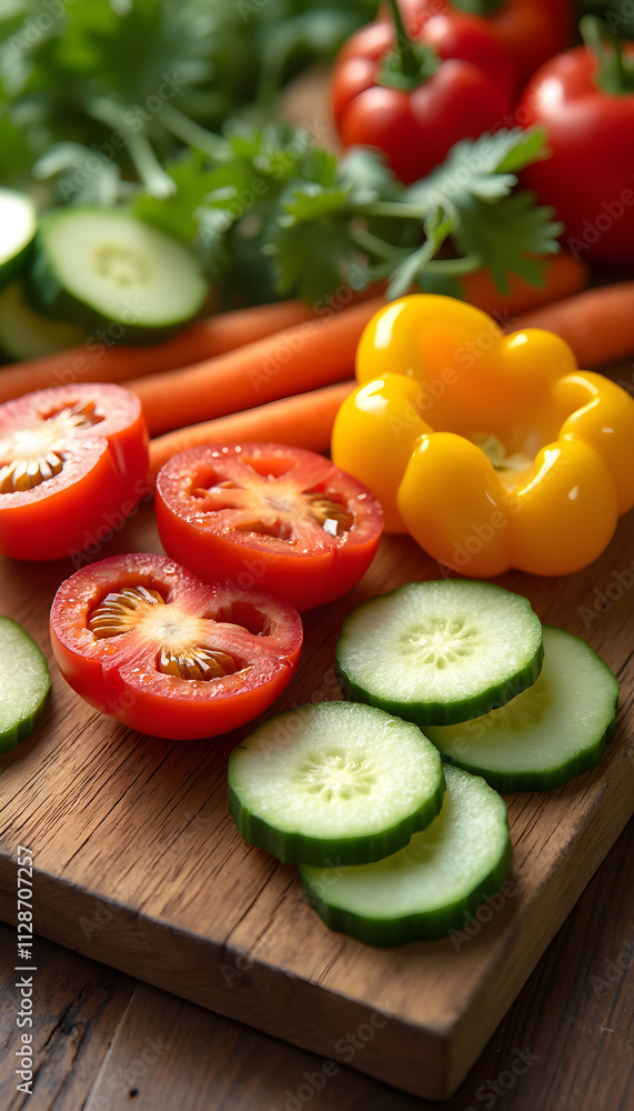 Freshly cut vegetables including tomatoes, carrots, cucumbers, and cilantro on a wooden cutting board Freshly cut vegetables including tomatoes, carrots, cucumbers, and cilantro on a wooden cutting board