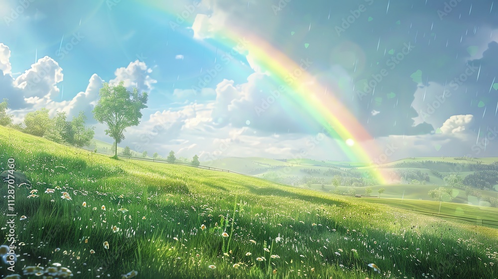 Obraz premium A colorful digital illustration of a rainbow over a grassy field with a single tree.