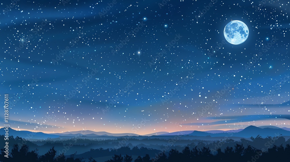 A starry night sky with a full moon. A starry night sky with a full moon.