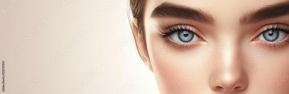 Obraz premium Close-up of a beautiful woman with well-groomed eyebrows, eyes, and eyelashes, looking at the camera against a light blue background.