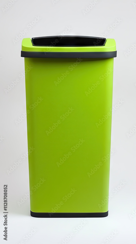 A green plastic trash can with black trim A green plastic trash can with black trim