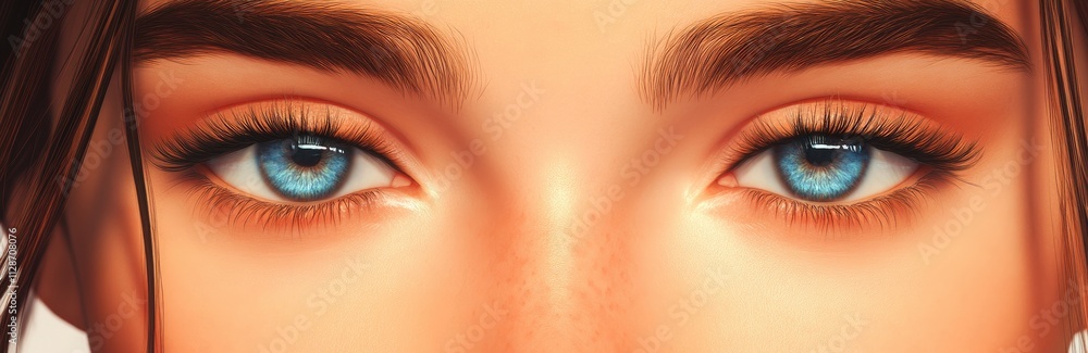 Close-up of a beautiful woman with well-groomed eyebrows, eyes, and eyelashes, looking at the camera against a light blue background. Close-up of a beautiful woman with well-groomed eyebrows, eyes, and eyelashes, looking at the camera against a light blue background.