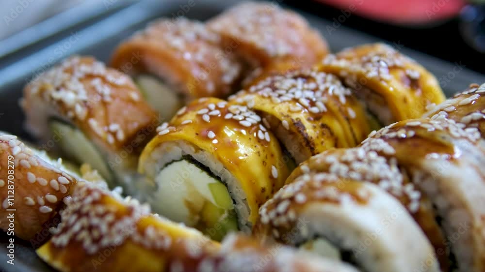 sushi boat platter with assorted sushi rolls. sashimi sushi boat platter with assorted sushi rolls. sashimi