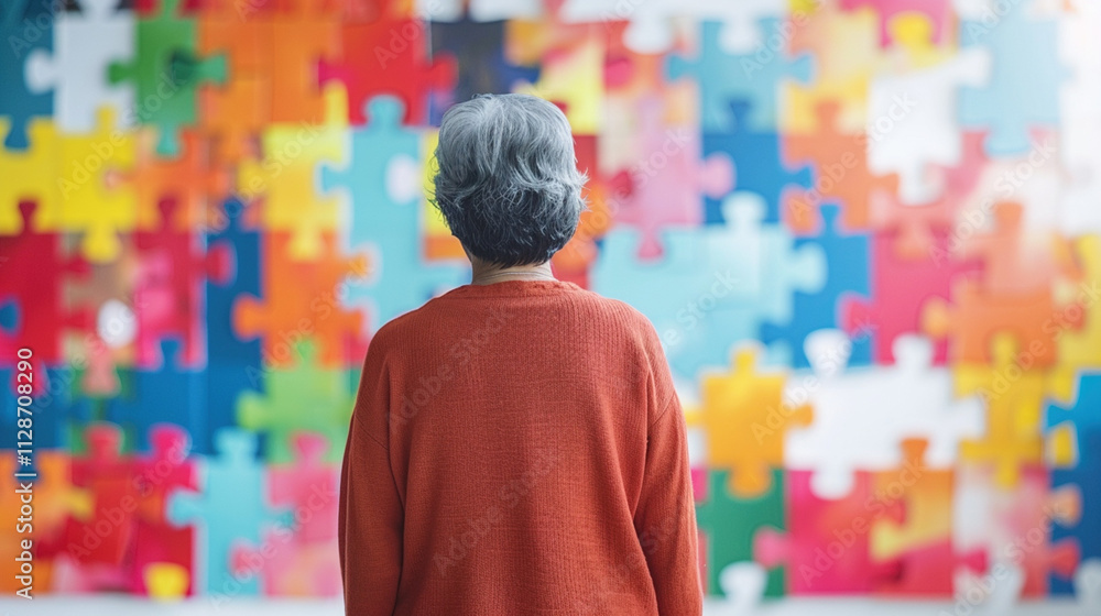 Woman stands facing a colorful jigsaw puzzle wall, representing the complexities of dementia. Concept of understanding dementia's unique challenges. World Elderly Senior Awareness Day Woman stands facing a colorful jigsaw puzzle wall, representing the complexities of dementia. Concept of understanding dementia's unique challenges. World Elderly Senior Awareness Day
