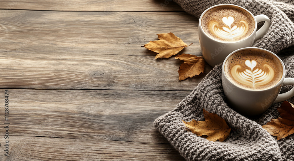 Warm coffee cups with latte art surrounded by autumn leaves on a cozy wooden table Warm coffee cups with latte art surrounded by autumn leaves on a cozy wooden table