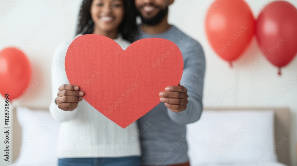 A couple joyfully holds a large red heart, symbolizing love and affection, surrounded by festive balloons in a cozy setting. A couple joyfully holds a large red heart, symbolizing love and affection, surrounded by festive balloons in a cozy setting.