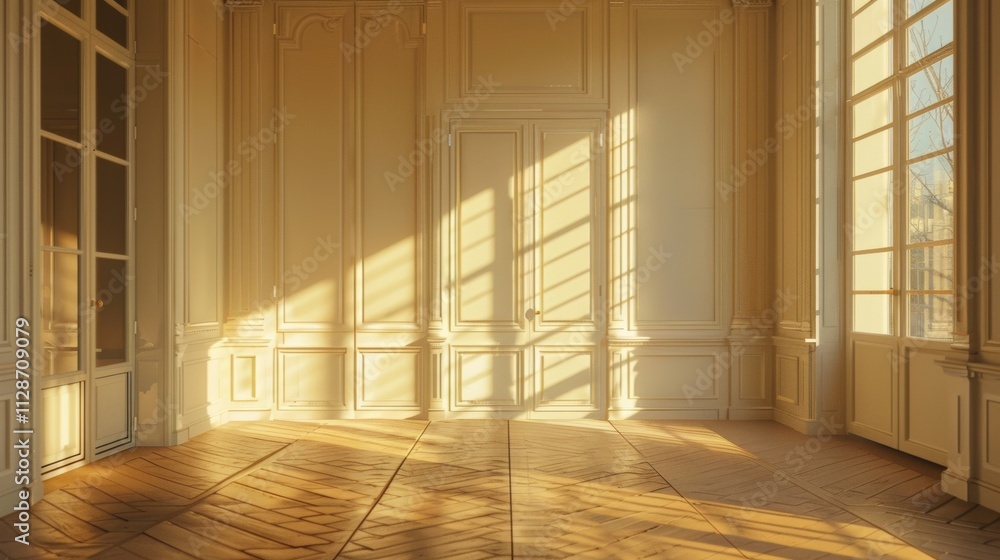 Obraz premium Parisian elegance, modern minimalist design, complete wall with windows and doors, warm sunlight, tranquil and serene, no people visible.