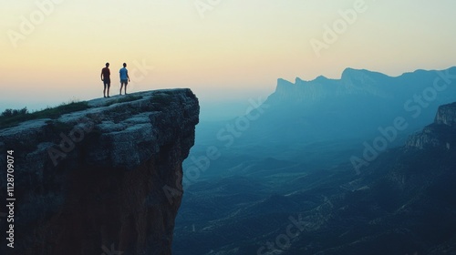 Two Adventurers Contemplating the Breathtaking Vista from a Clifftop at Sunset: A Majestic Mountain Range Panorama