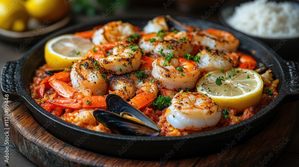 Delicious seafood paella with shrimp, mussels, and rice. Delicious seafood paella with shrimp, mussels, and rice.