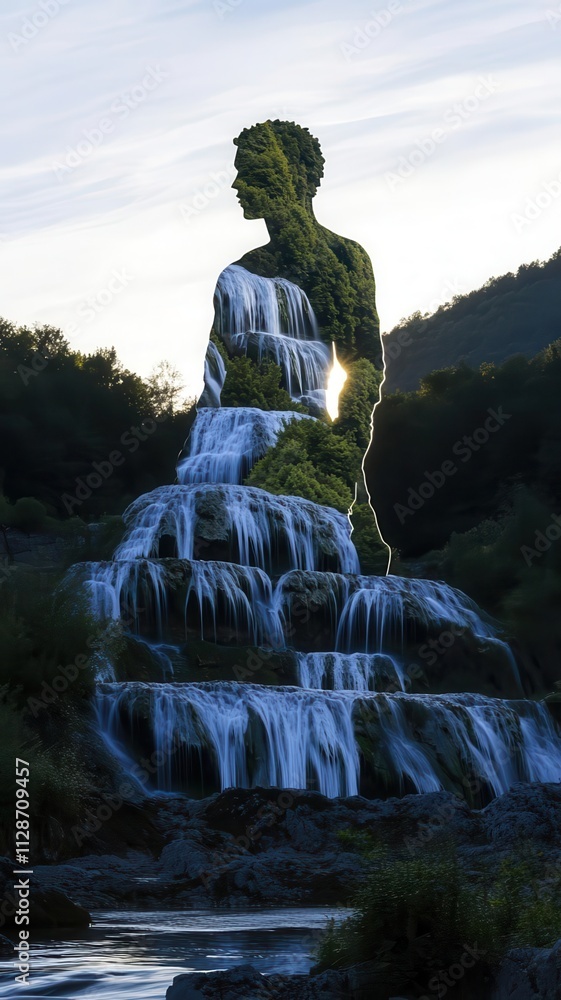 A human figure composed of cascading waterfalls, insight, creativity, transformation, nature as inspiration A human figure composed of cascading waterfalls, insight, creativity, transformation, nature as inspiration
