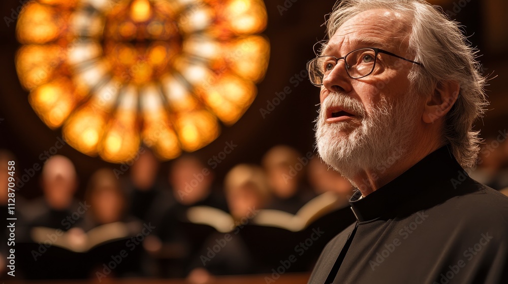 Obraz premium Priest in clergy robes leading a church service, with choir, warm lighting, and stained glass window, emphasizing religious ceremony, spirituality, and community.
