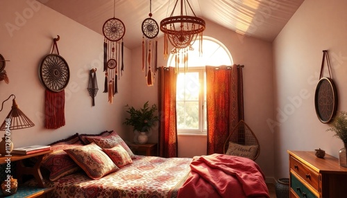 Boho chic bedroom with vibrant textiles, dreamcatchers hanging from the ceiling, natural light streaming through the window, creating a peaceful vibe at sunset photo