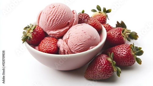 Strawberry ice cream in a bowl with fresh strawberries on white background