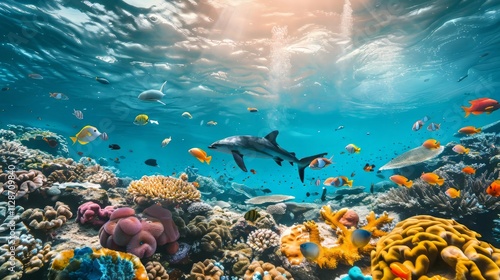 A beautiful view of the seabed during the day, with lots of coral and sea animals swimming, depicting a peaceful atmosphere.