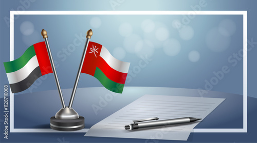 United Arab Emirate and Oman National flags on small table with bokeh background, cooperative relationship
