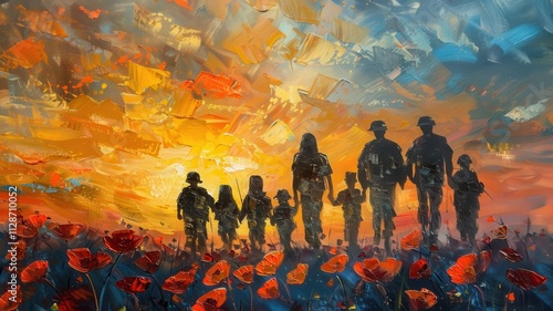 A silhouette of a family standing together against a vibrant sunset, surrounded by blooming poppies in a colorful landscape.