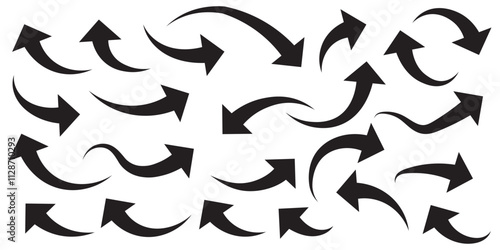 Set of curved arrows isolated on white background. Curved arrows, hand drawn curved arrows. Collection of pointers. Vector illustration. long curve arrow icon vector set illustration. black arrow.