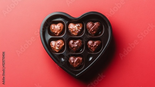 Heart shaped box with delicious chocolate candies on red background top view