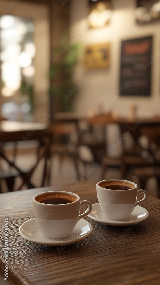 Cozy cafe setting with two cups of coffee on a wooden table in afternoon light Cozy cafe setting with two cups of coffee on a wooden table in afternoon light