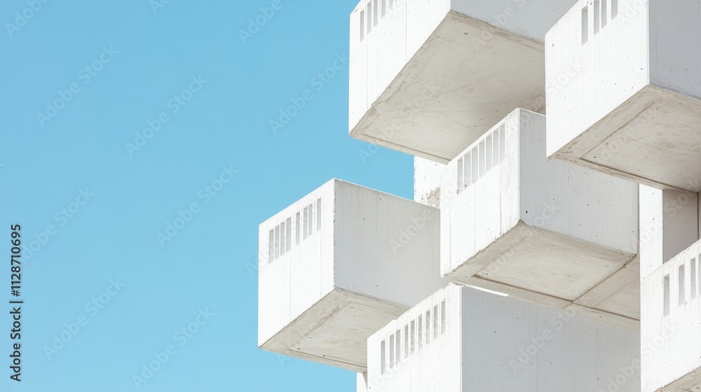 Abstract architecture background texture Close up of geometric structure made of balconies fragments white buildind walls against clear blue sky Concrete perspective composition minimal angular Abstract architecture background texture Close up of geometric structure made of balconies fragments white buildind walls against clear blue sky Concrete perspective composition minimal angular