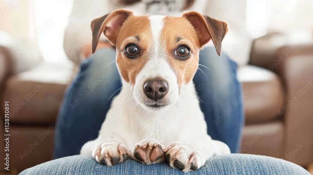 Jack russell dog ready for a walk with owner or hungry begging on lap inside their home Jack russell dog ready for a walk with owner or hungry begging on lap inside their home