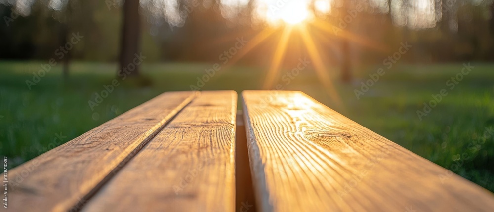 Sunlight Shining Through Trees Over Wooden Table in Nature Scene Sunlight Shining Through Trees Over Wooden Table in Nature Scene