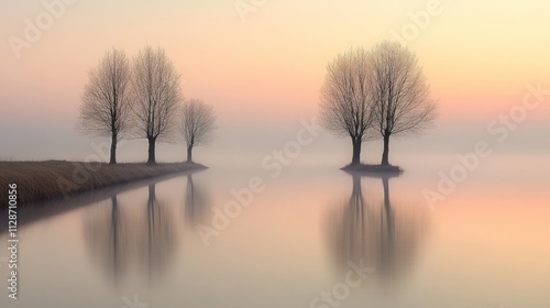 Serene winter trees reflected in calm misty water at dawn