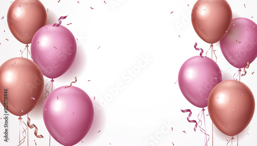 Gold, gray and rose gold celebrations balloons, confetti and ribbon isolated on transparent background