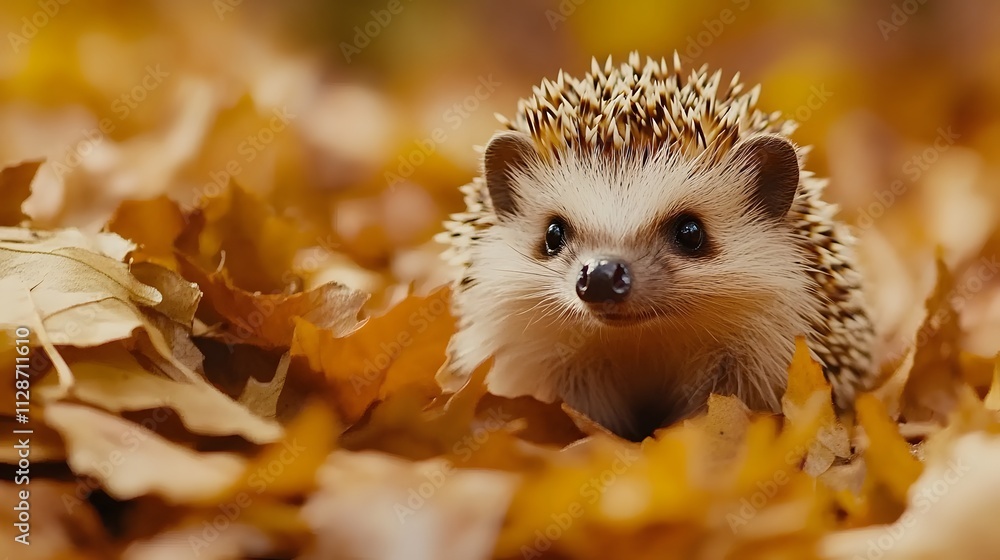A charming hedgehog looking into the camera with tiny sparkling eyes sitting on a bed of autumn leaves. A charming hedgehog looking into the camera with tiny sparkling eyes sitting on a bed of autumn leaves.