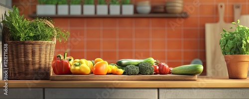 elegant orange and grey kitchen counter set with rattan basket, several vegetables at long wooden board 