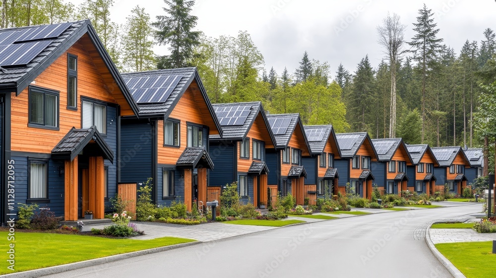 Sustainable townhouses with solar panels and greenery, emphasizing eco-friendly urban living, renewable energy, and modern residential architecture in Washington, USA. Sustainable townhouses with solar panels and greenery, emphasizing eco-friendly urban living, renewable energy, and modern residential architecture in Washington, USA.
