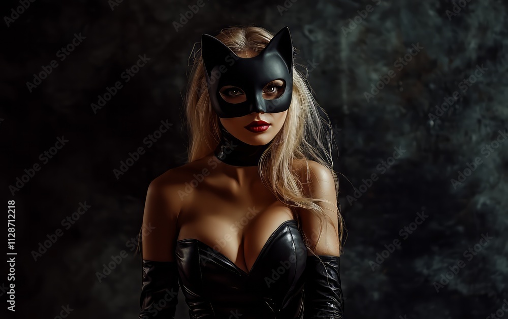 A blonde woman wearing a black cat mask, a leather dress, and red lips, set against a dark background - Generative AI A blonde woman wearing a black cat mask, a leather dress, and red lips, set against a dark background - Generative AI