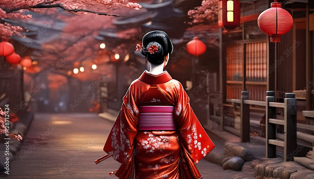 Fototapeta premium une geisha en kimono rouge qui marche à travers une rues asiatique ancienne, dans un style hyperréaliste tres détaillé, avec des lanterne chinoise accrocher.