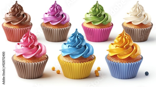 A collection of colorful cupcakes on a white background.