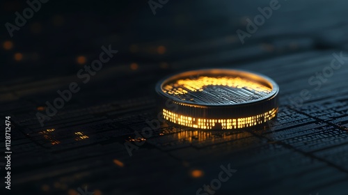 A conceptual digital coin representing a new cryptocurrency glowing against a dark background with binary code. photo