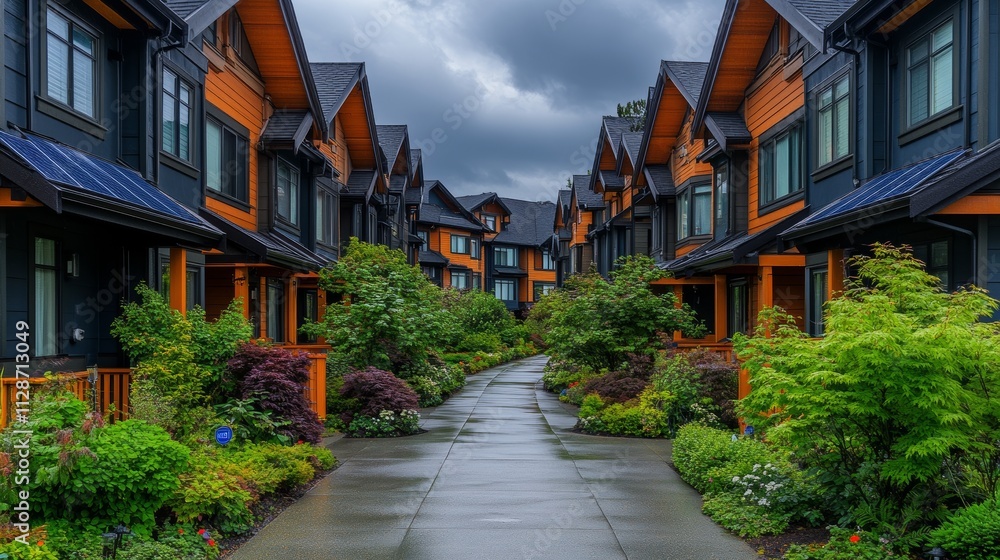 Obraz premium Sustainable townhouses with solar panels and greenery, emphasizing eco-friendly urban living, renewable energy, and modern residential architecture in Washington, USA.