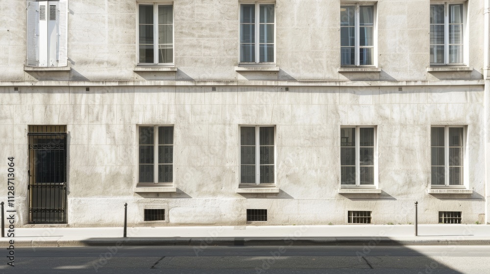 Parisian minimalist architecture, full wall with windows and doors, sunny afternoon, tranquil urban setting, no people visible.