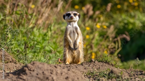 A curious meerkat standing upright staring into the camera with a watchful expression. photo